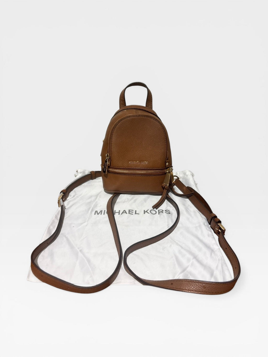 Michael Kors Rhea Zip Small Leather Backpack Brown Pebbled Leather Mini Backpack Gold Hardware