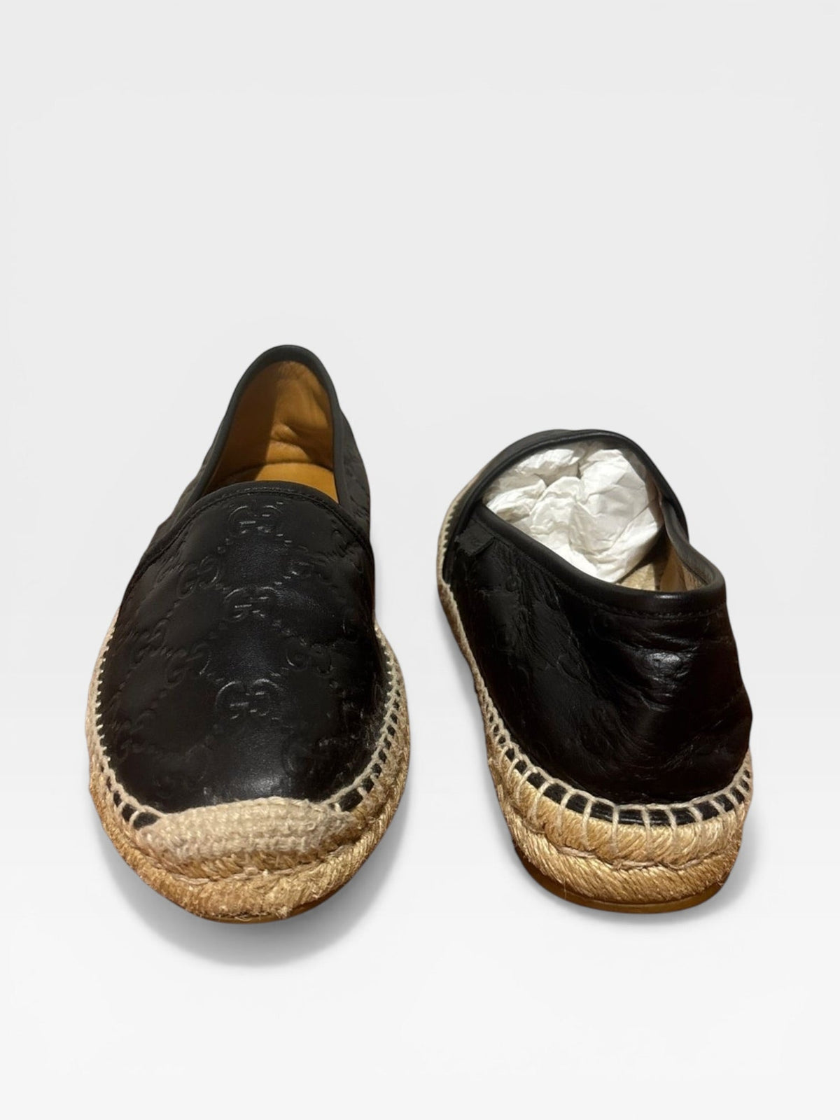 Gucci Black Leather Espadrilles With Embossed Logo – Classic Jute Sole Flats- Size 39