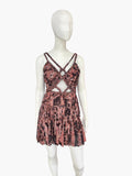 Thurley Braided Strap Cut-Out Pleated Mini Dress – Bohemian Printed Silk Dress – Size 6