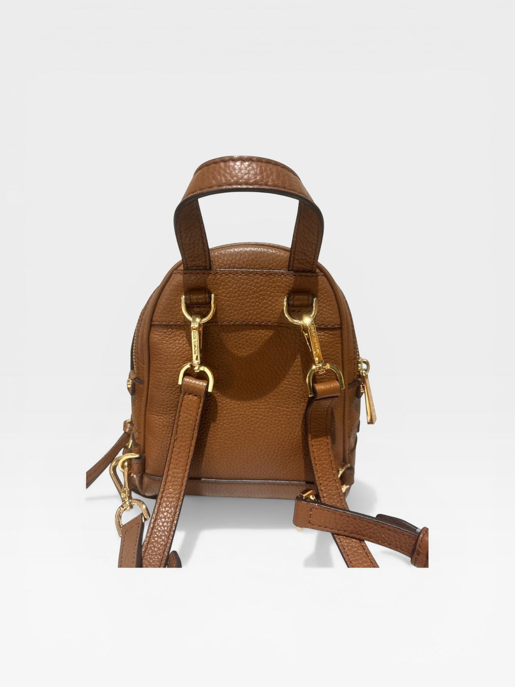 Michael Kors Rhea Zip Small Leather Backpack Brown Pebbled Leather Mini Backpack Gold Hardware
