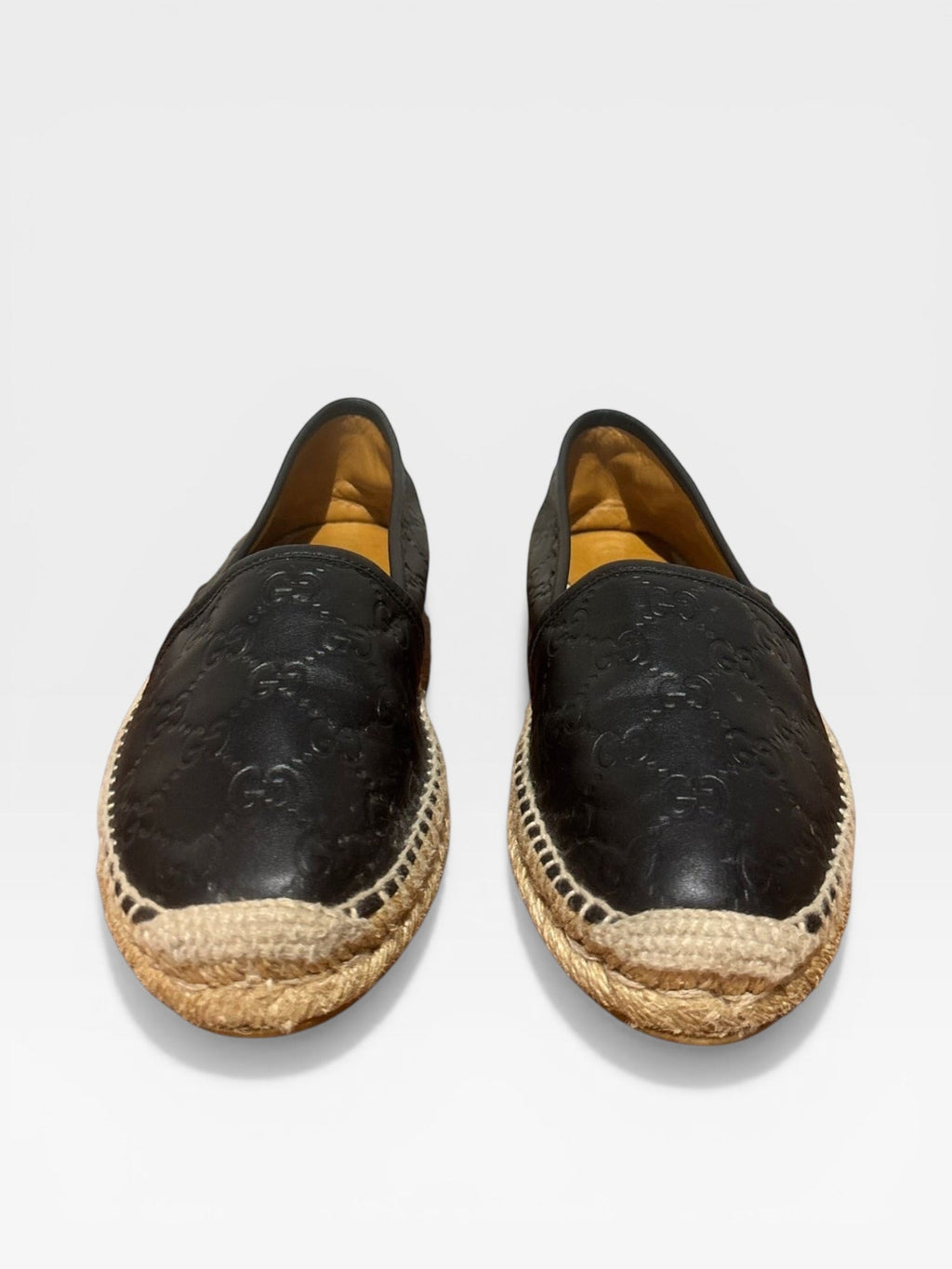 Gucci Black Leather Espadrilles With Embossed Logo – Classic Jute Sole Flats- Size 39