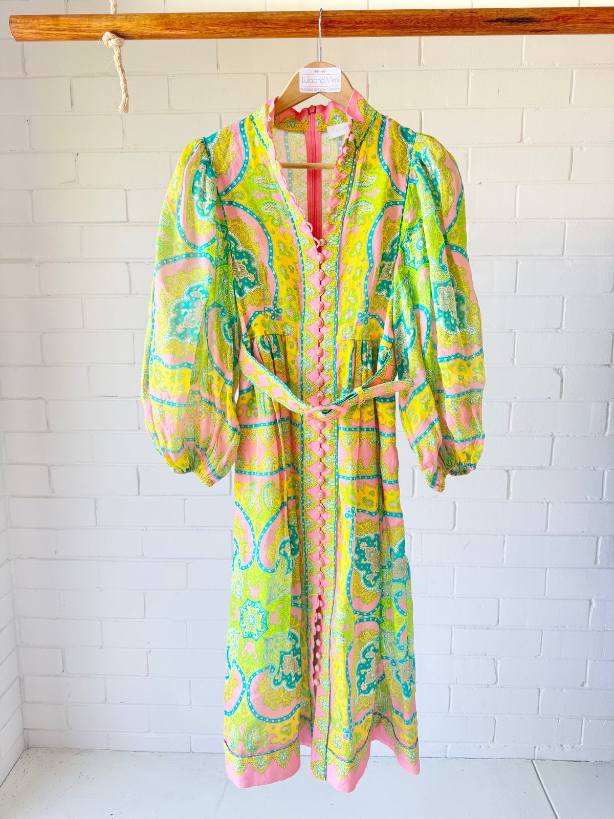 Zimmermann Estelle Buttoned Midi Dress Pink/Green Paisley- Size OP