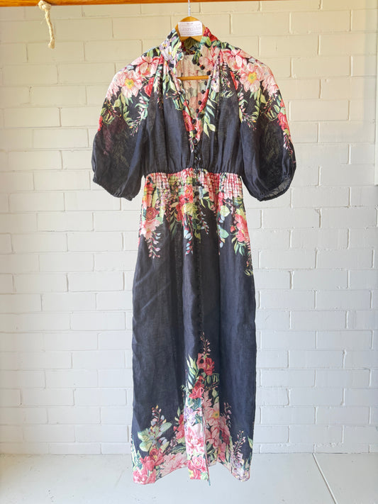 Zimmermann Beltitude Linen Maxi Dress in Black Floral- OP