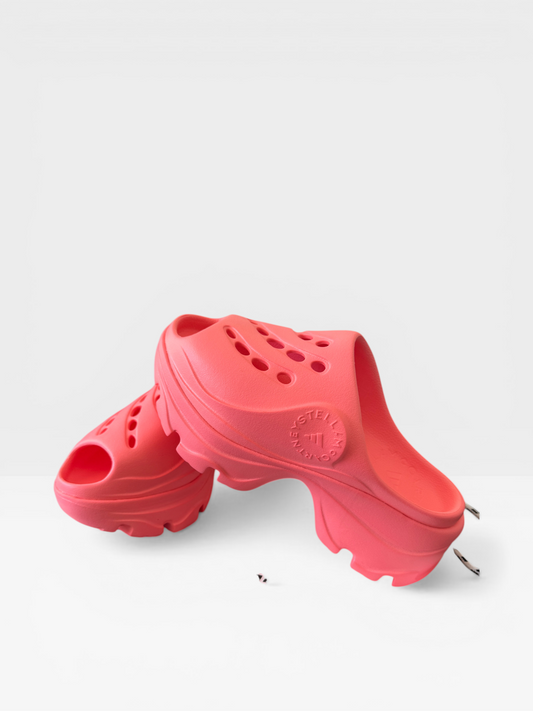 Adidas by Stella McCartney chunky clog sandals in neon coral, sole and tread detail