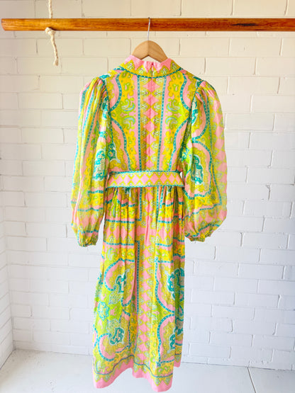Zimmermann Estelle Buttoned Midi Dress Pink/Green Paisley- Size OP