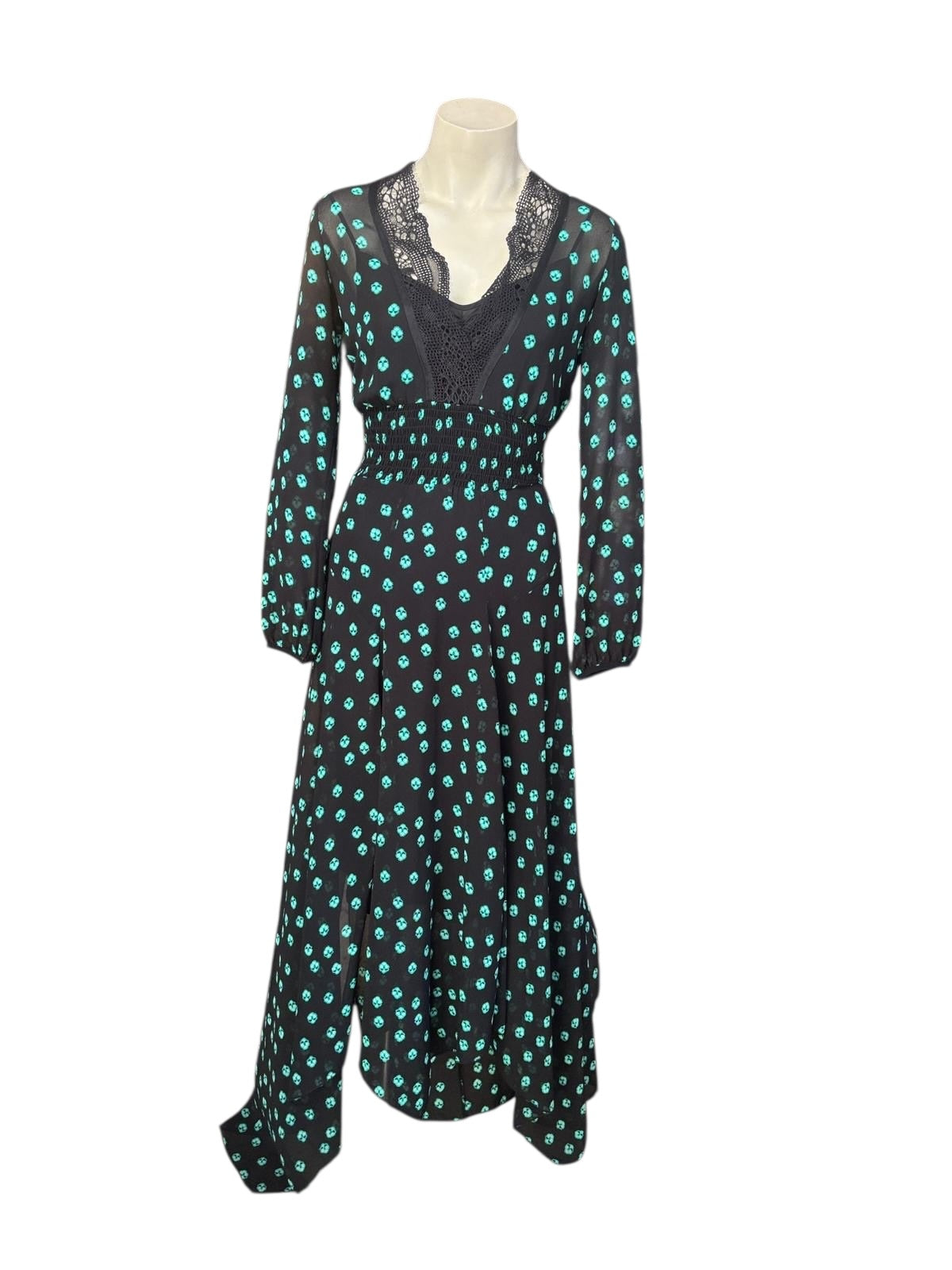 Preloved Maje black and turquoise floral print maxi dress with lace V neckline, front view, size 1