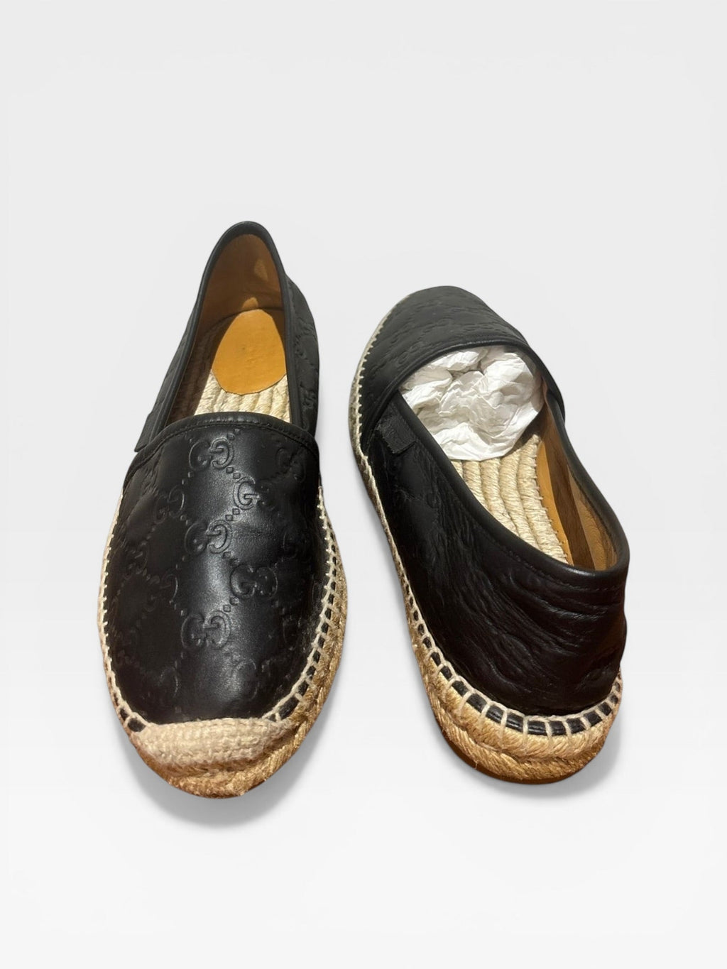 Gucci Black Leather Espadrilles With Embossed Logo – Classic Jute Sole Flats- Size 39