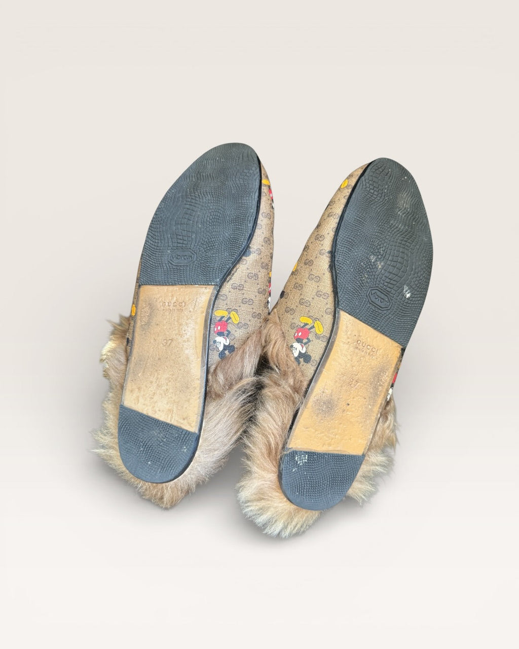 Gucci Princetown Mickey Mouse GG Supreme Fur Loafers Slippers Horsebit - 37