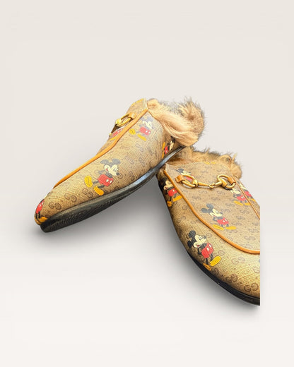 Gucci Princetown Mickey Mouse GG Supreme Fur Loafers Slippers Horsebit - 37