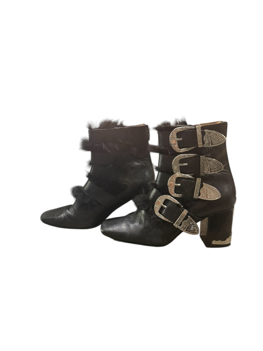 Toga Pulla Western Buckle Leather Ankle Boots Black Size 39.5 | Statement Designer Boots
