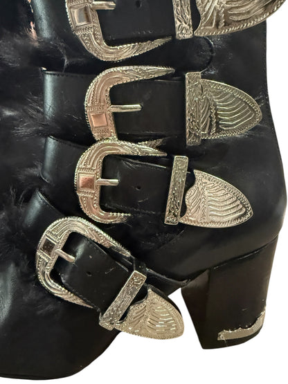 Toga Pulla Western Buckle Leather Ankle Boots Black Size 39.5 | Statement Designer Boots
