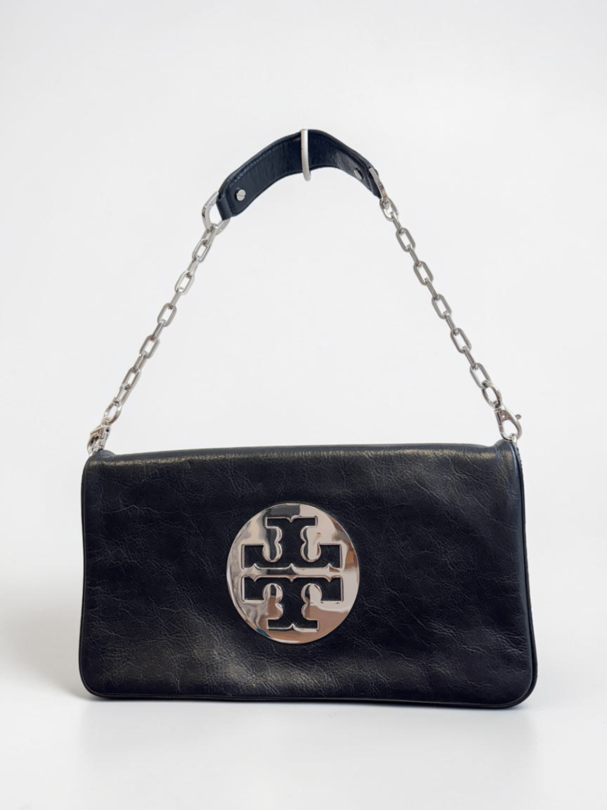Tory Burch Black Leather Fold Over Clutch Chain Strap
