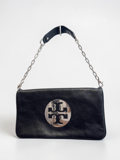 Tory Burch Black Leather Fold Over Clutch Chain Strap