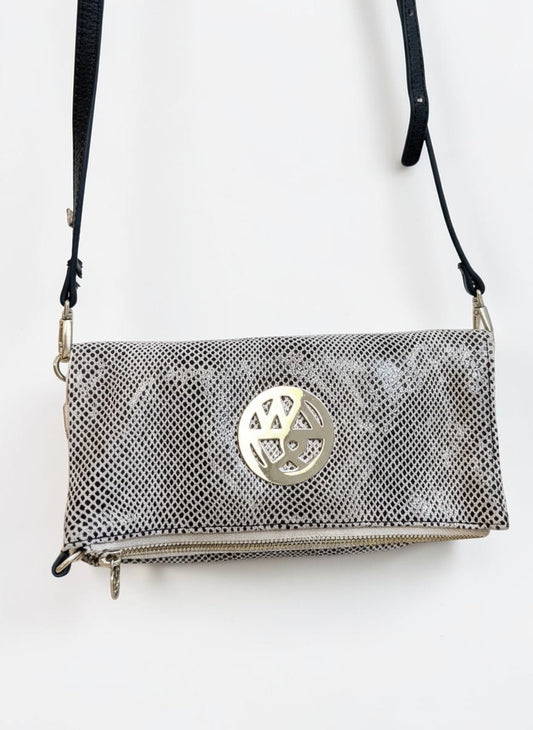 Title: Willow & Zac Foldover Clutch — Silver Metallic Snake Print