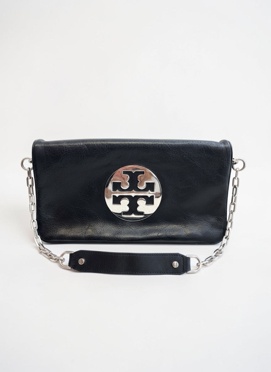 Tory Burch Black Leather Fold Over Clutch Chain Strap