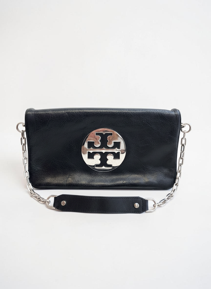 Tory Burch Black Leather Fold Over Clutch Chain Strap