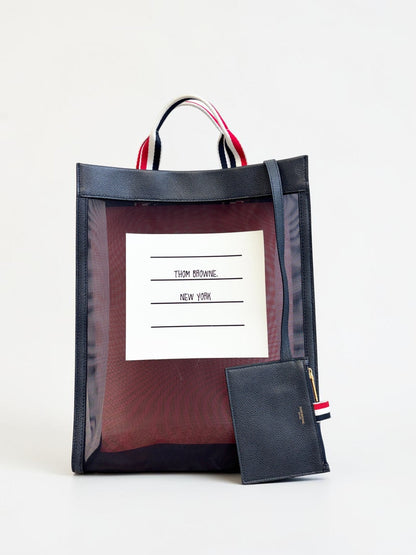 Thom Browne Mesh Tote with Leather Pouch — Navy