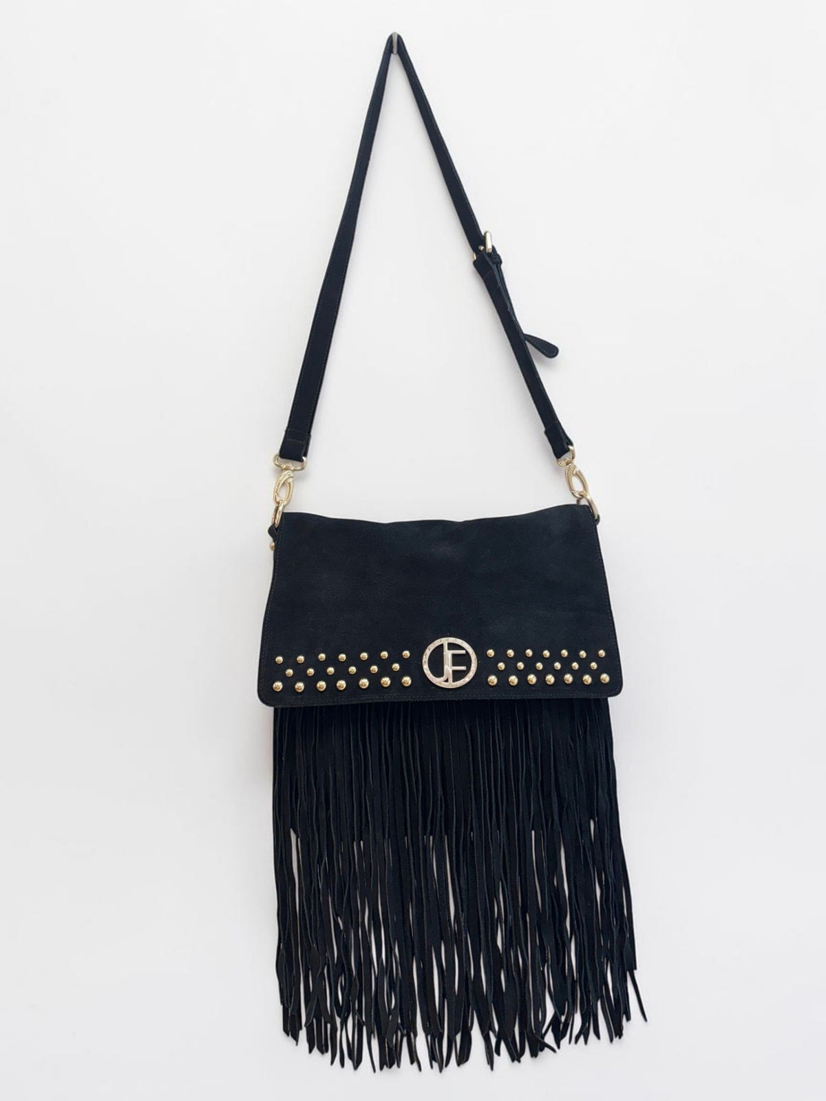**Jack French Suede Fringe Crossbody – Black & Gold