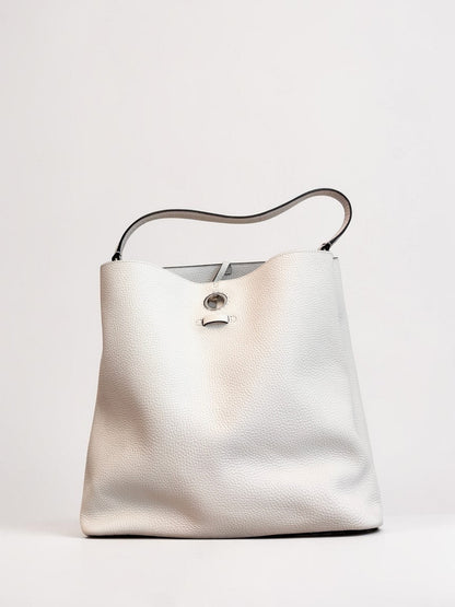 Oroton White Pebbled Leather Bucket Bag — Silver Hardware