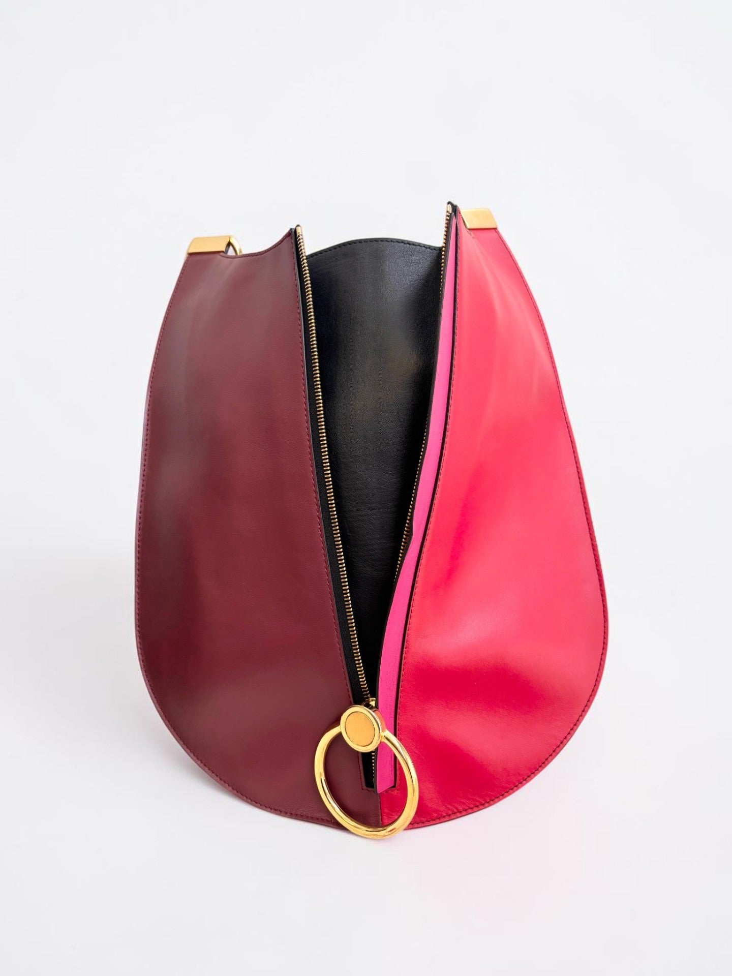 Marni Two-Tone Leather Hobo Bag — Burgundy & Red with Gold Ring