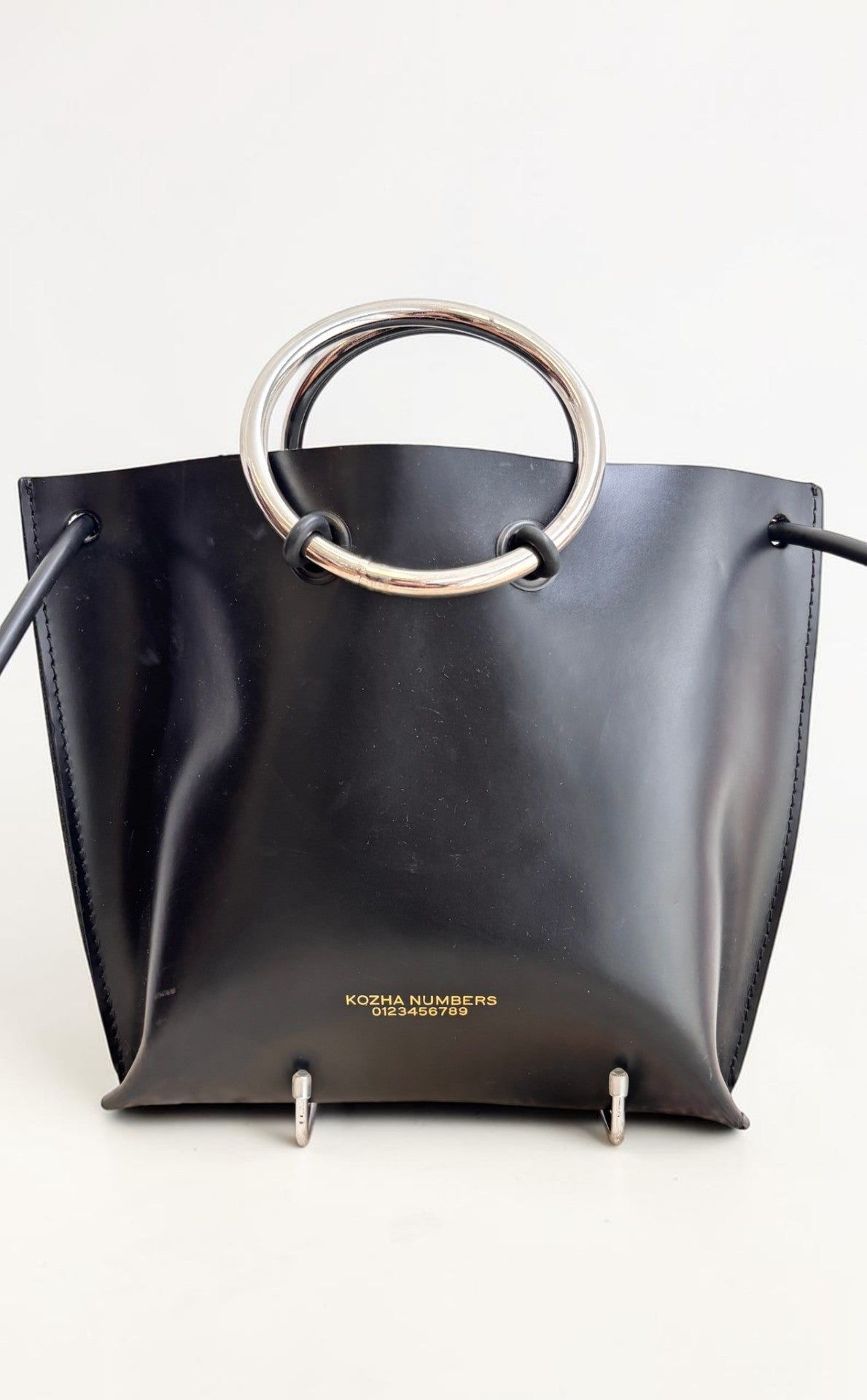 Kozha Numbers Black Leather Tote — Silver Ring Handles