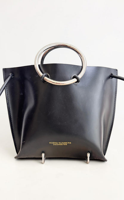 Kozha Numbers Black Leather Tote — Silver Ring Handles