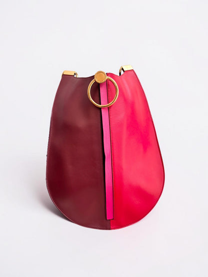 Marni Two-Tone Leather Hobo Bag — Burgundy & Red with Gold Ring
