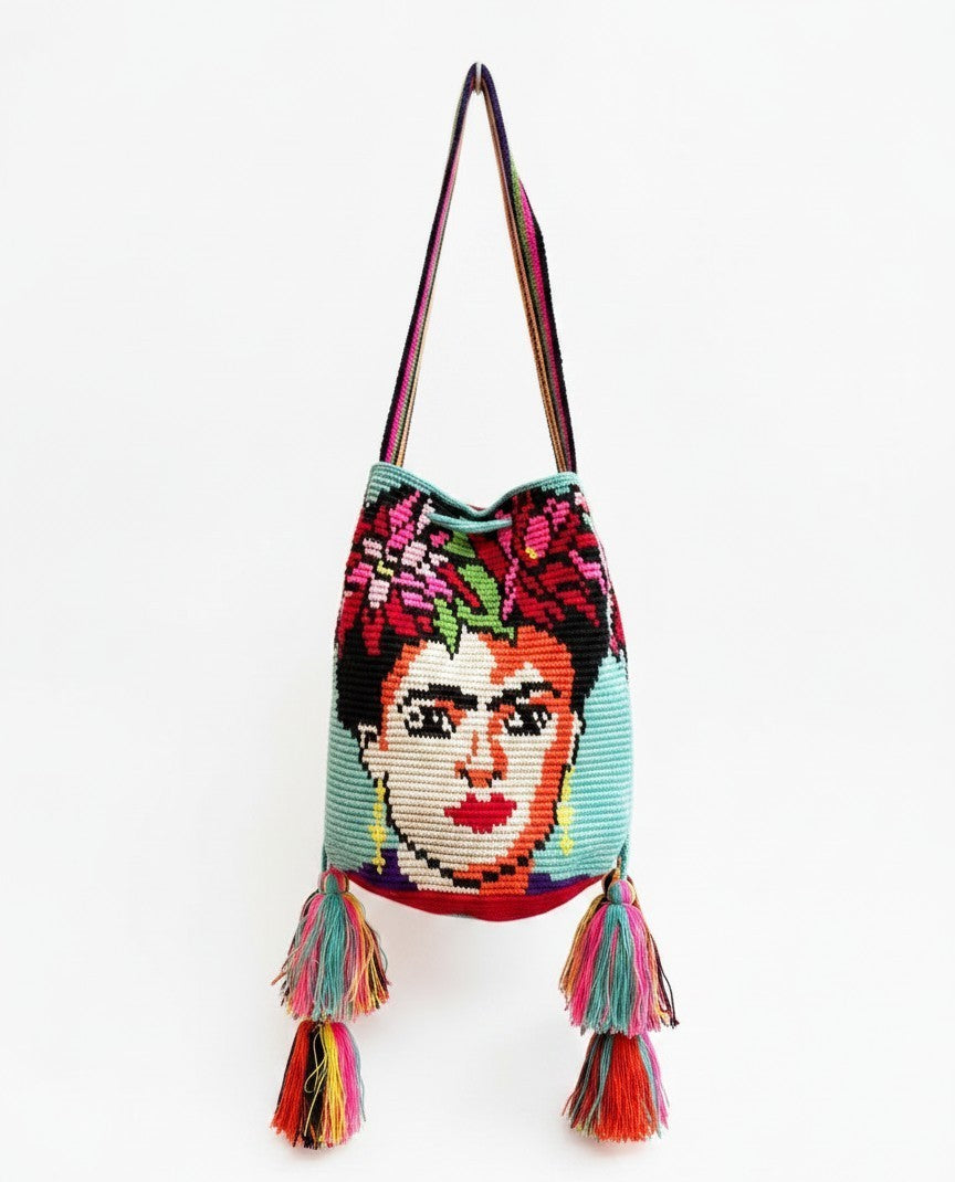 Handwoven Wayuu Mochila Bag — Frida Kahlo Design with Tassels