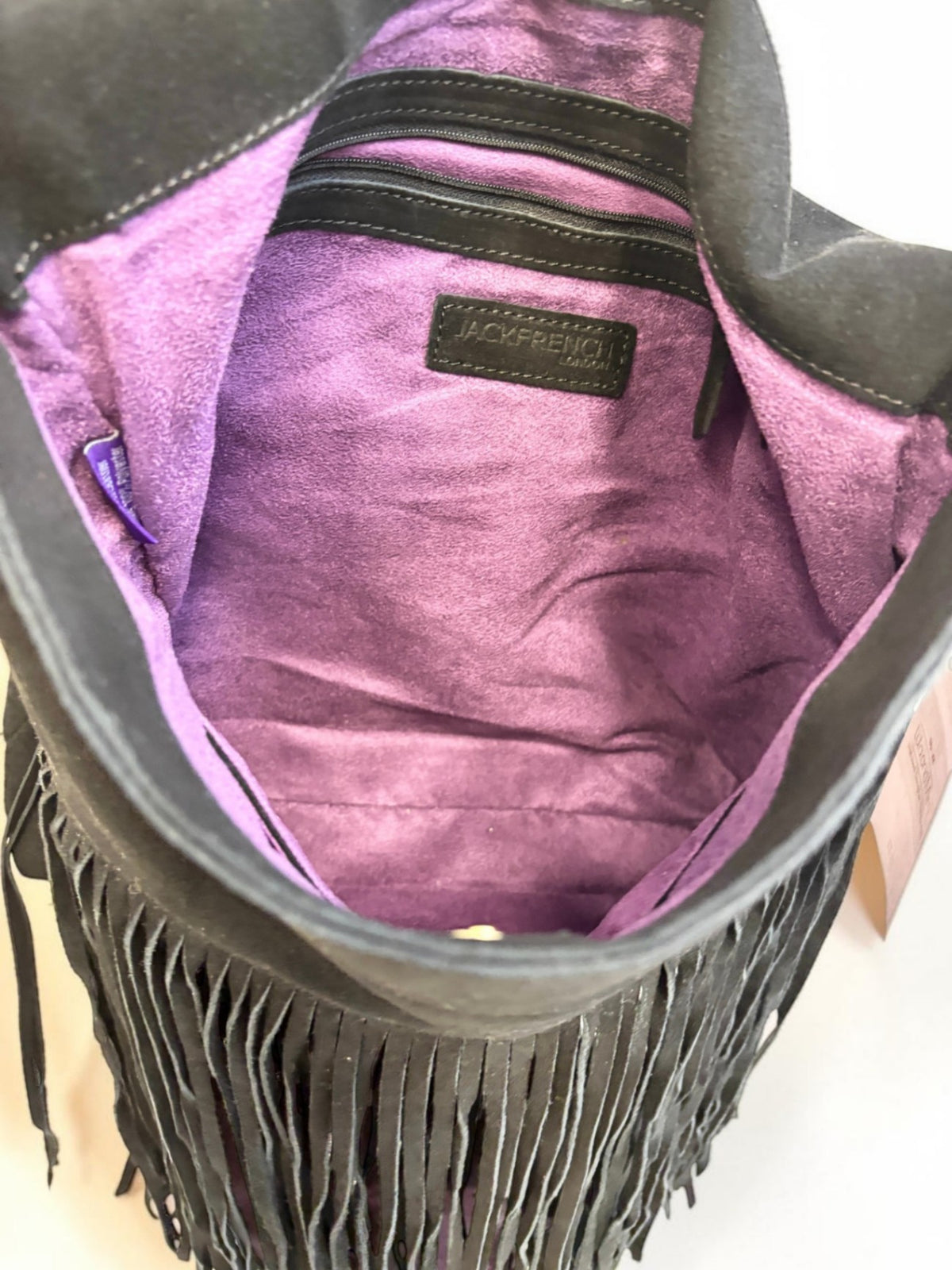 **Jack French Suede Fringe Crossbody – Black & Gold