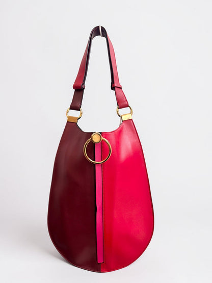 Marni Two-Tone Leather Hobo Bag — Burgundy & Red with Gold Ring