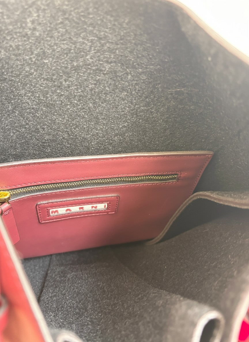 Marni Two-Tone Leather Hobo Bag — Burgundy & Red with Gold Ring