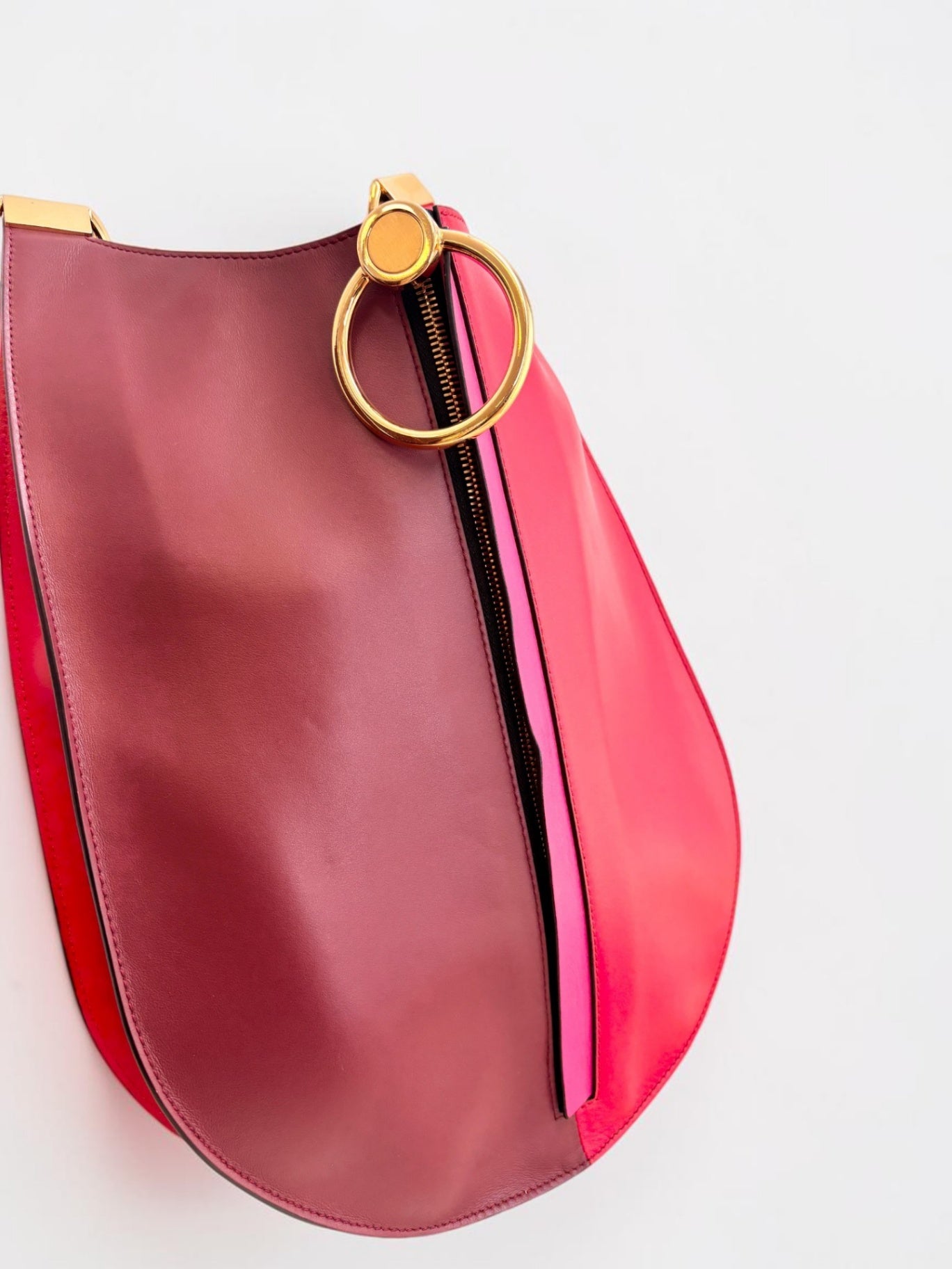 Marni Two-Tone Leather Hobo Bag — Burgundy & Red with Gold Ring