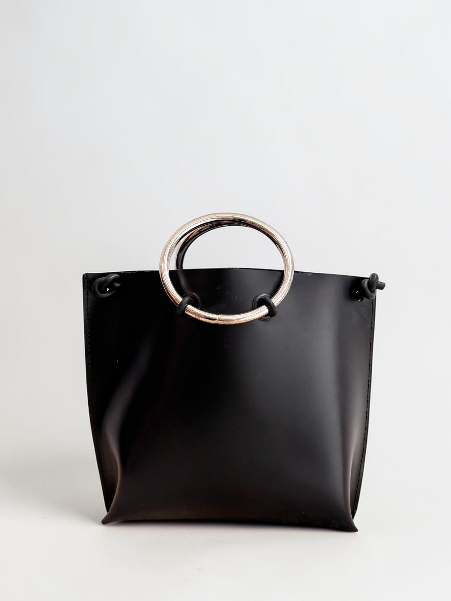 Kozha Numbers Black Leather Tote — Silver Ring Handles