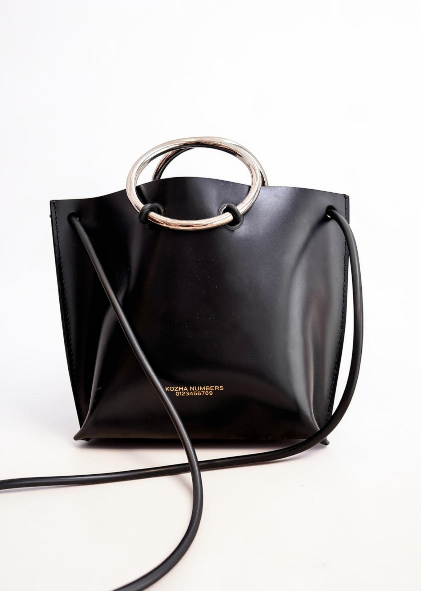 Kozha Numbers Black Leather Tote — Silver Ring Handles