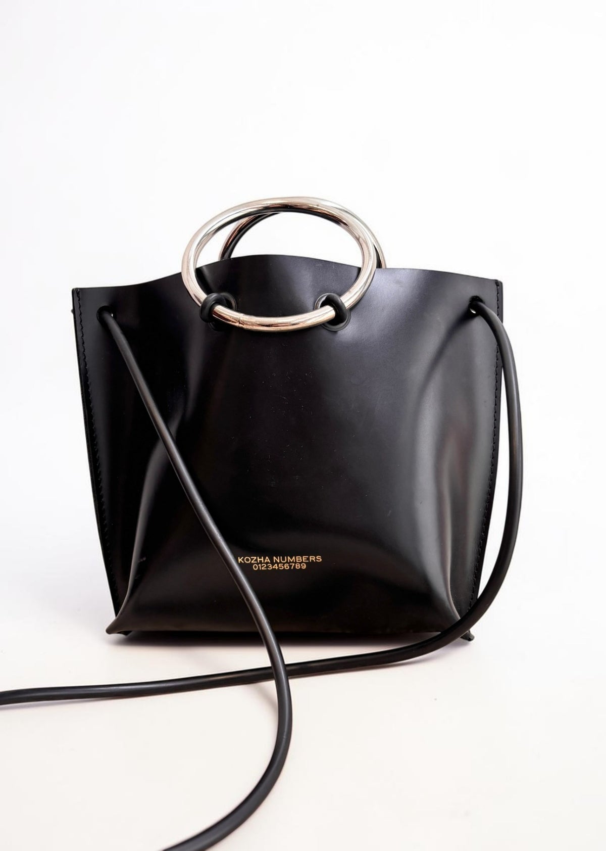 Kozha Numbers Black Leather Tote — Silver Ring Handles