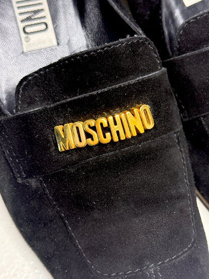 Moschino Black Suede Loafers with Gold Logo – Size 36.5