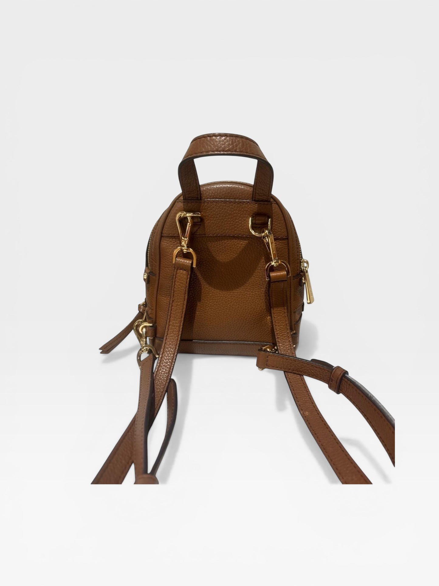 Michael Kors Rhea Zip Small Leather Backpack Brown Pebbled Leather Mini Backpack Gold Hardware