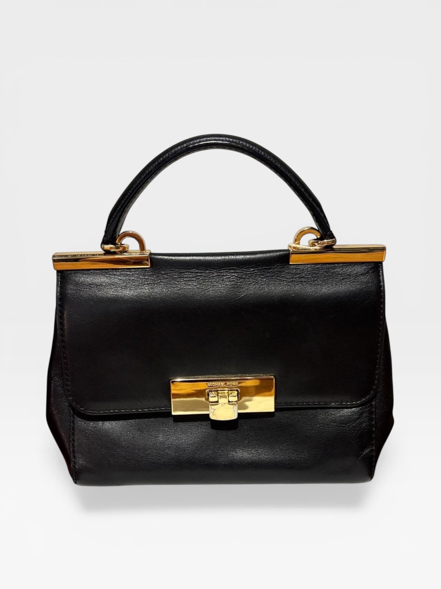 Michael Kors Manhattan Small Top Handle Bag – Black Leather with Gold Hardware
