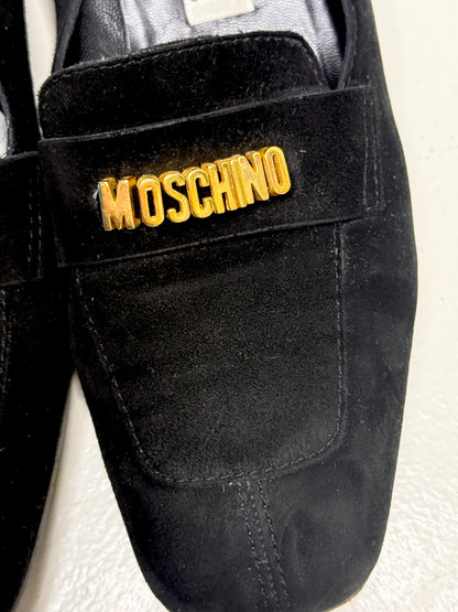 Moschino Black Suede Loafers with Gold Logo – Size 36.5