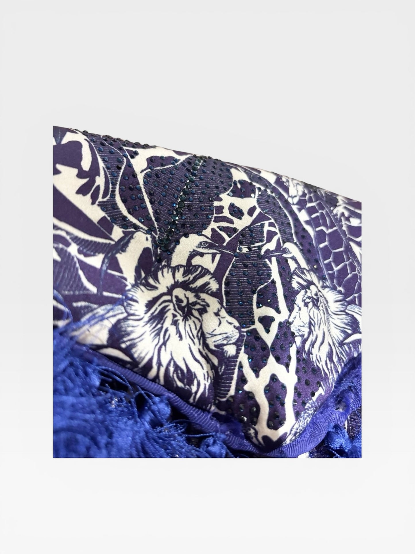 Camilla Crystal-Embellished Lion Print Tassel Clutch – Navy & Ivory