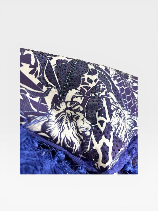 Camilla Crystal-Embellished Lion Print Tassel Clutch – Navy & Ivory