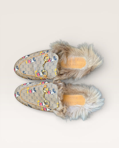 Gucci Princetown Mickey Mouse GG Supreme Fur Loafers Slippers Horsebit - 37