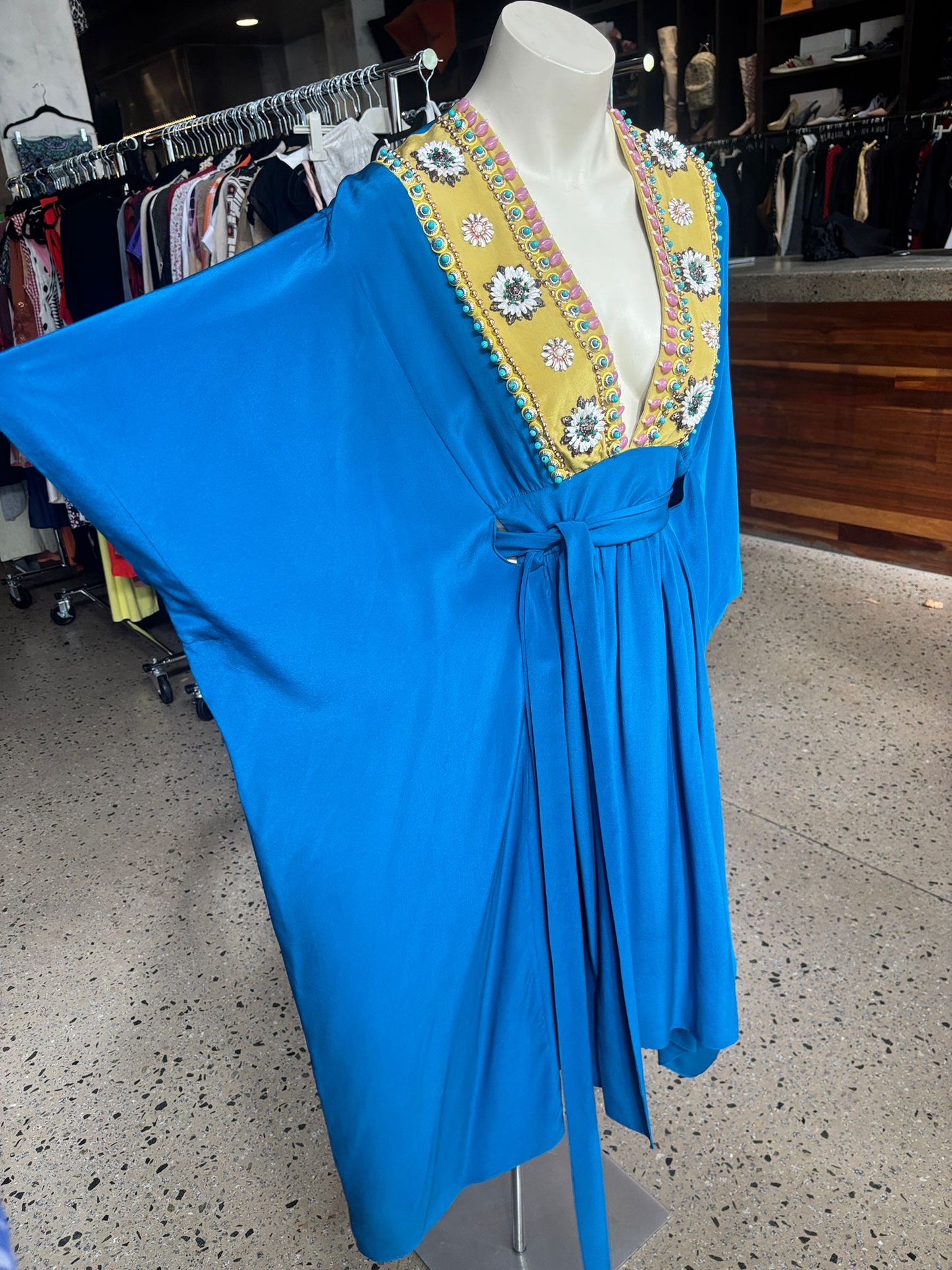 Megan Park Ocean Blue Decorated V-Neck Dress