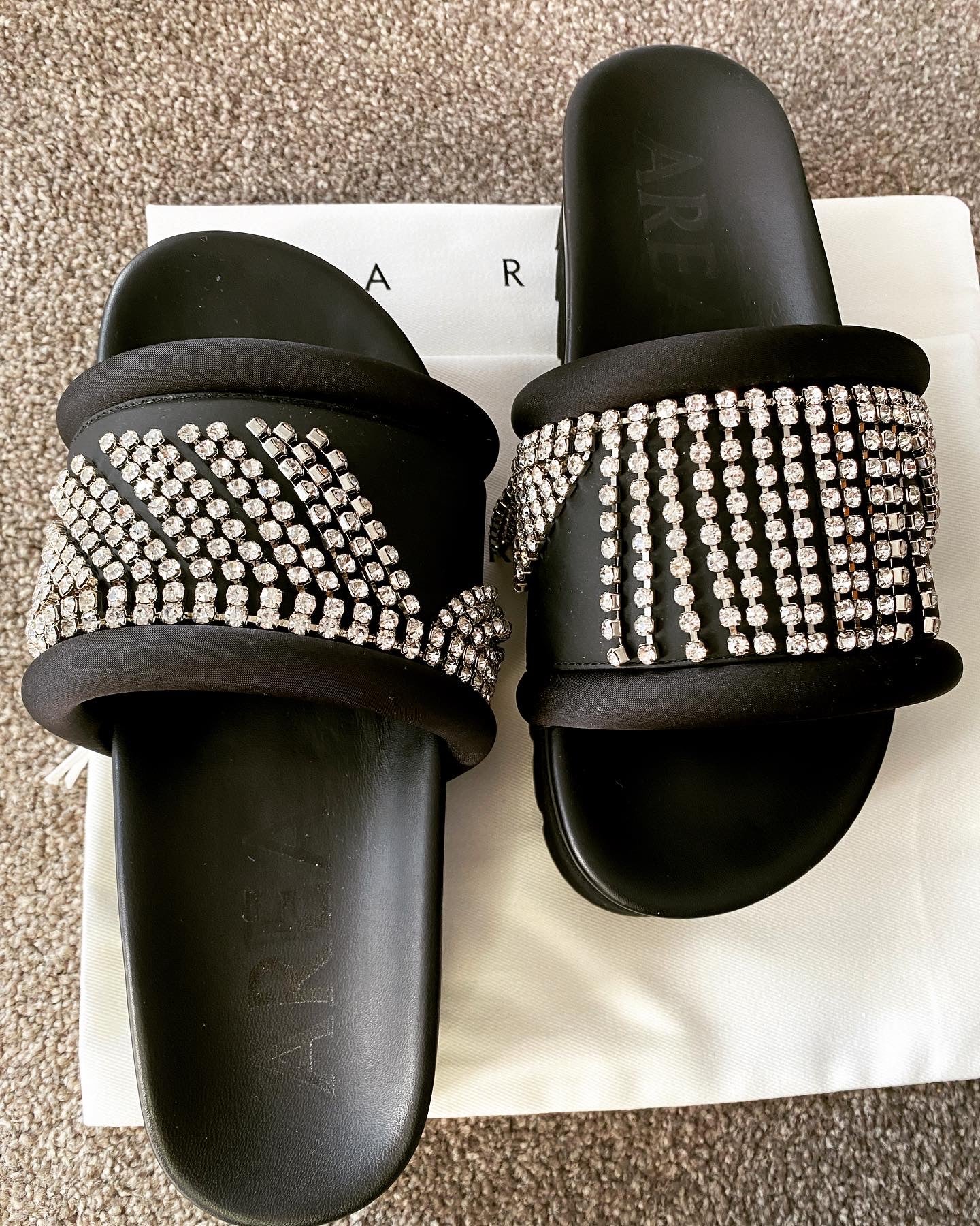 AREA Crystal-Embellished Platform Slides – Black Sandals with Rhinestone Straps- Size 36