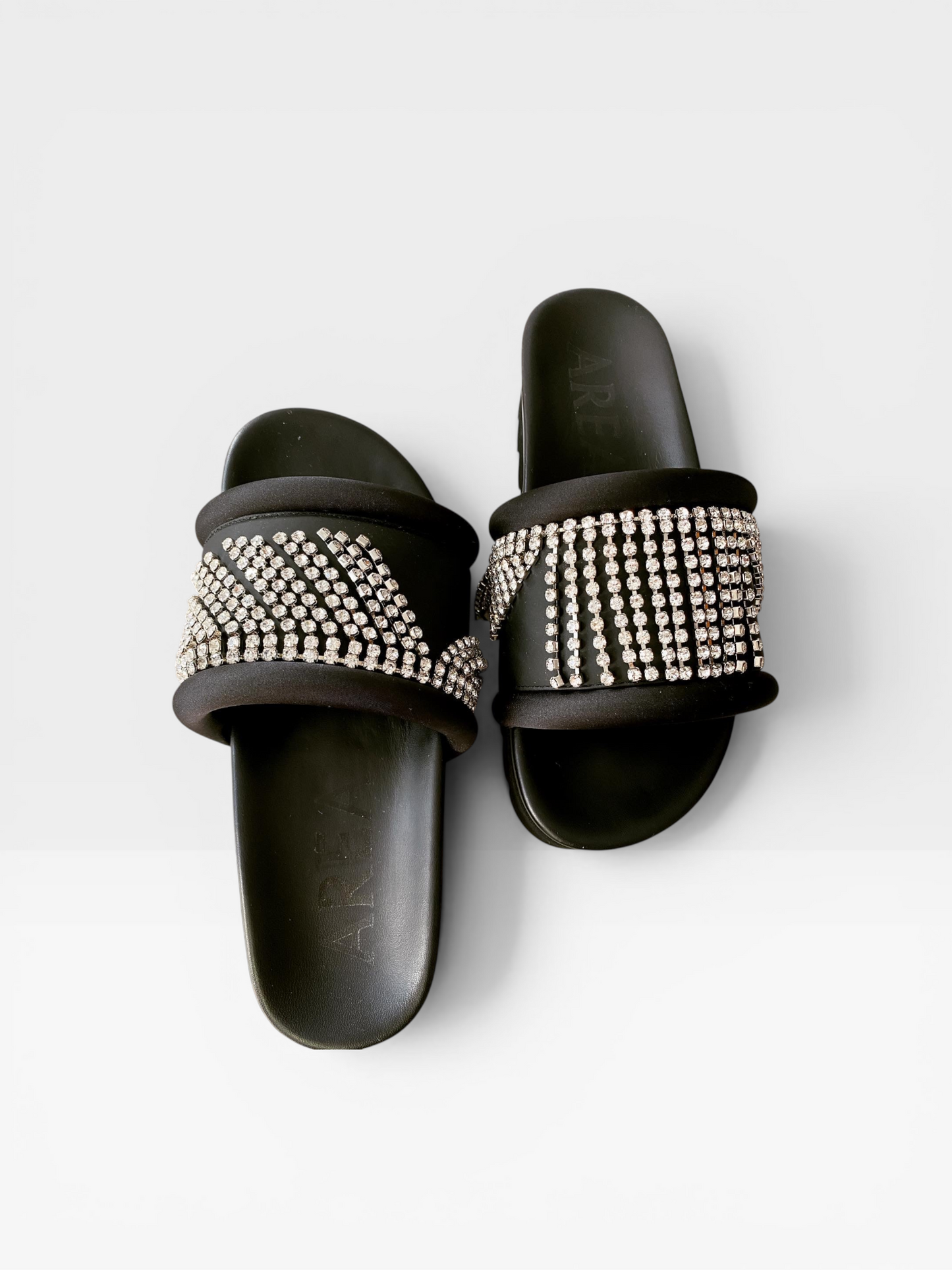 AREA Crystal-Embellished Platform Slides – Black Sandals with Rhinestone Straps- Size 36