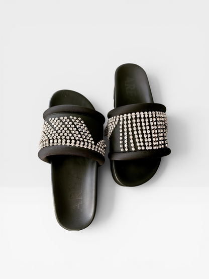 AREA Crystal-Embellished Platform Slides – Black Sandals with Rhinestone Straps- Size 36