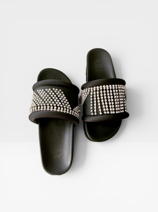 AREA Crystal-Embellished Platform Slides – Black Sandals with Rhinestone Straps- Size 36