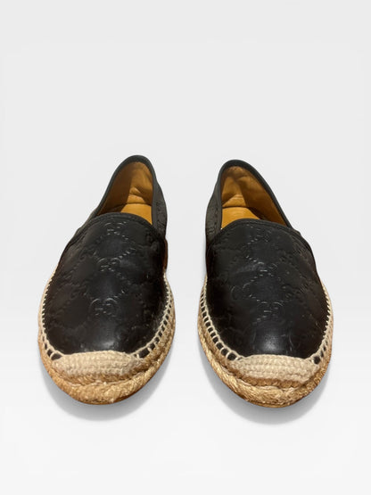 Chanel Black Leather CC Espadrilles – Embossed Logo – Classic Jute Sole Flats- Size 39
