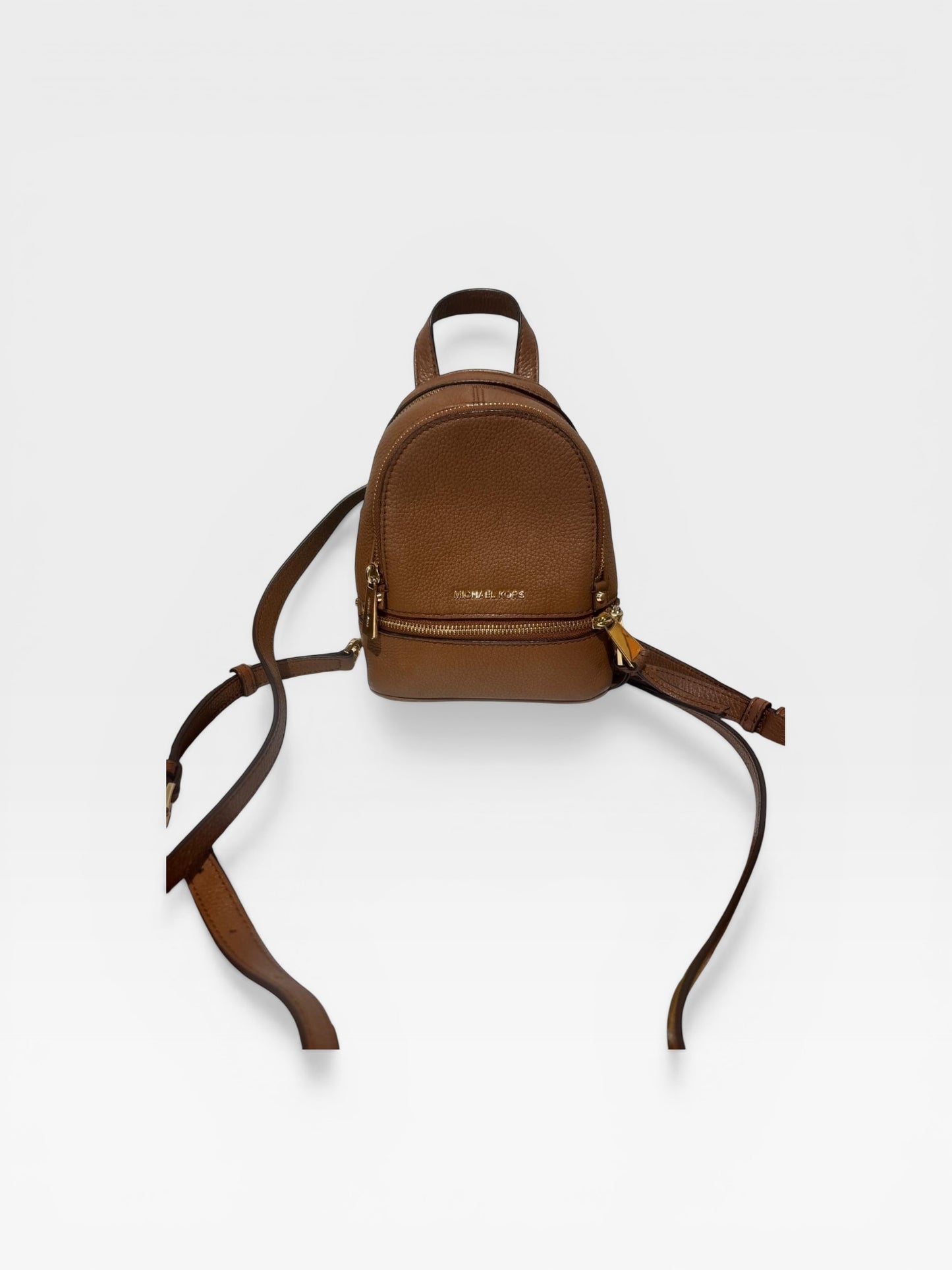 Michael Kors Rhea Zip Small Leather Backpack Brown Pebbled Leather Mini Backpack Gold Hardware