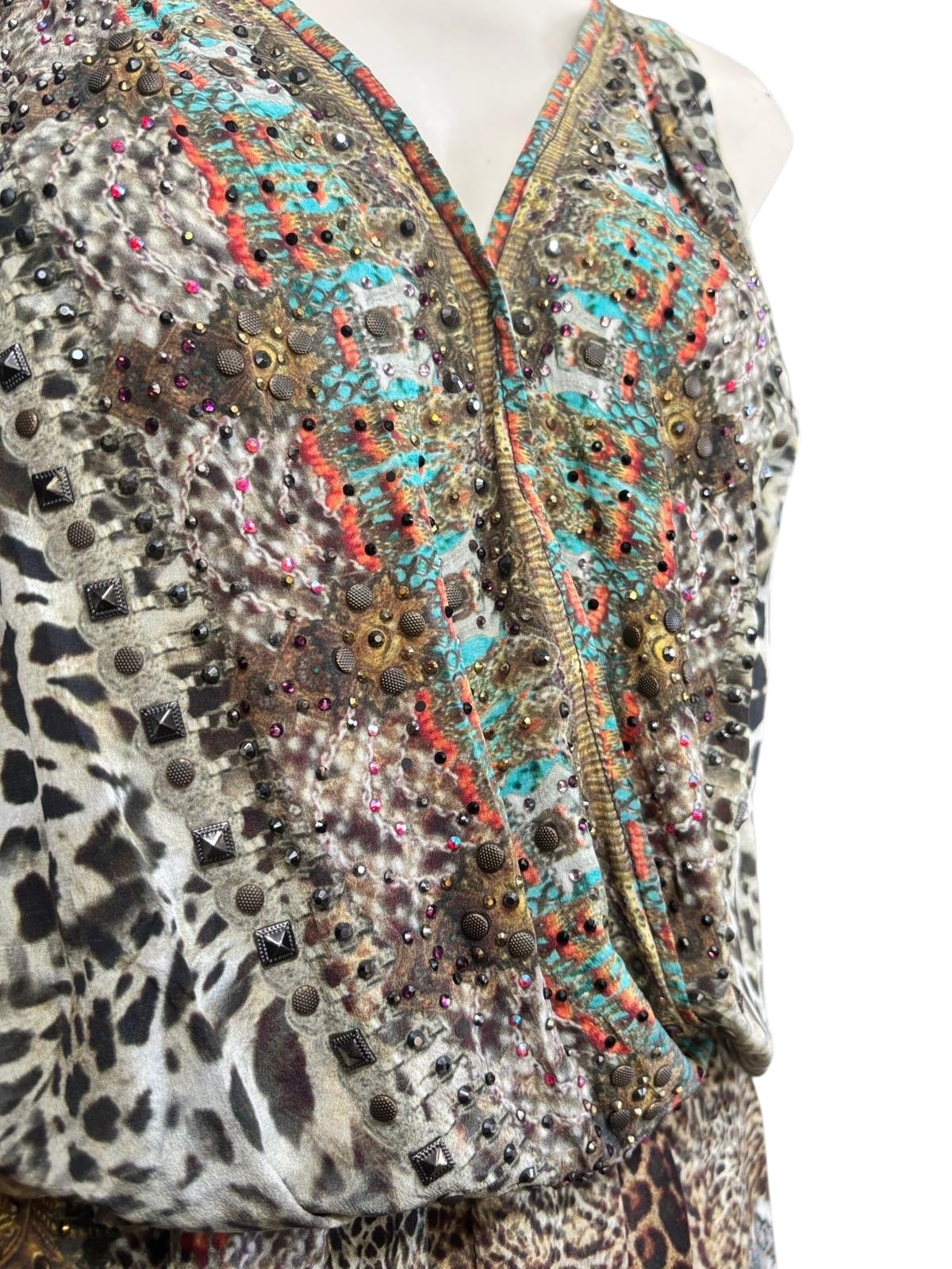 Camilla Silk High-Low Dress Embellished Animal Print Kaftan Mini Dress Designer Resort Wear- 1